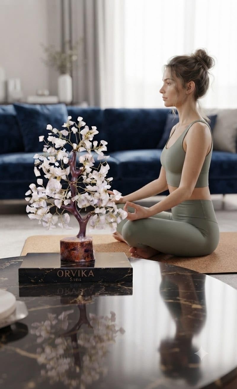 ORVIKA Natural Crystal Tree for Home Decor | Handmade Gemstone Bonsai Tree with Wooden Base | Feng Shui & Vastu Positive Energy Crystal Tree (White, 300 Beads Tree)