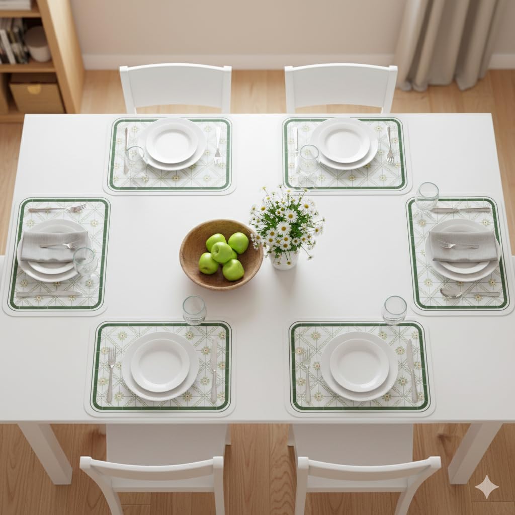 TheTableTales Vintage Green Lattice Floral Pattern Pack of 6 Table Mat | Premium Faux Leather Dining Placemat Set | Waterproof Heat Resistant Non-Slip Place Mats | Kitchen Dining Table Home Restaurant Kafalo