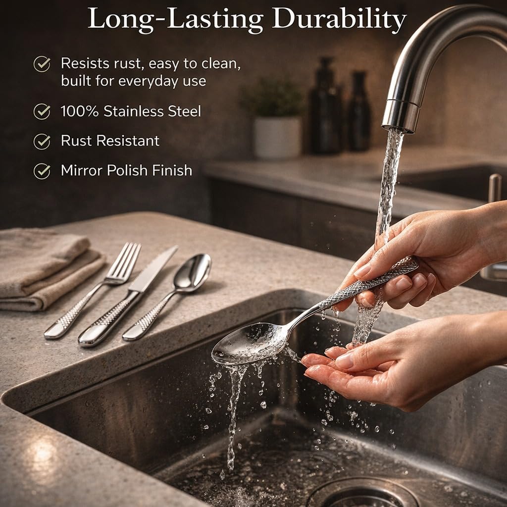 ANH MART Mirror Finish Silver Plated Stainless Steel Flatware Set Copper Silverware Set Rose Gold Spoon Color Cutlery Set [Dinner Fork-Tea Spoon-Salad Spoon-Knife] Set of (Silver DOT, 32)