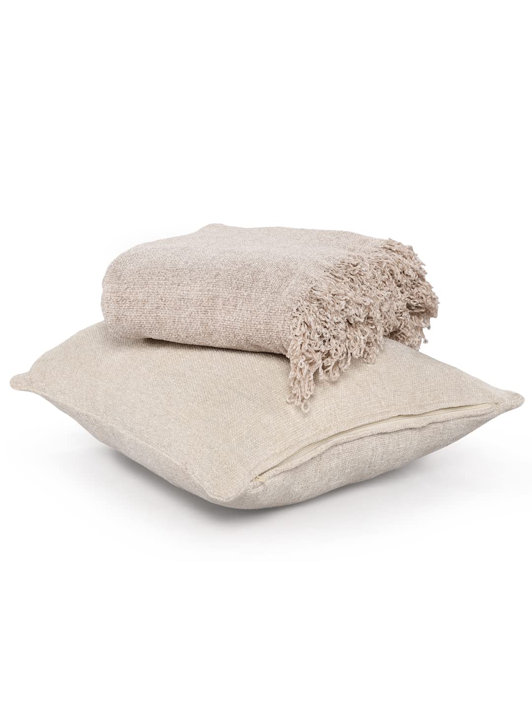 SASHAA WORLD Solid Soft Chenille Throw Blanket for Sofa, Bed & Couch with Cushion Cover Set | Natural Throw & Cushion Cover | Throw-130x180 cm, Cushion-45x45 cm Kafalo