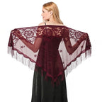 Alexvyan Floral Design Triangle Lace Stole and Wraps for Evening Dresses with Tassels for Evening Party Mesh Wedding Shawls for Summer (Wine Red)
