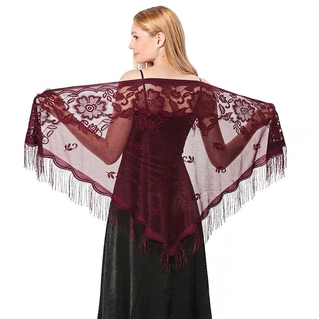Alexvyan Floral Design Triangle Lace Stole and Wraps for Evening Dresses with Tassels for Evening Party Mesh Wedding Shawls for Summer (Wine Red)