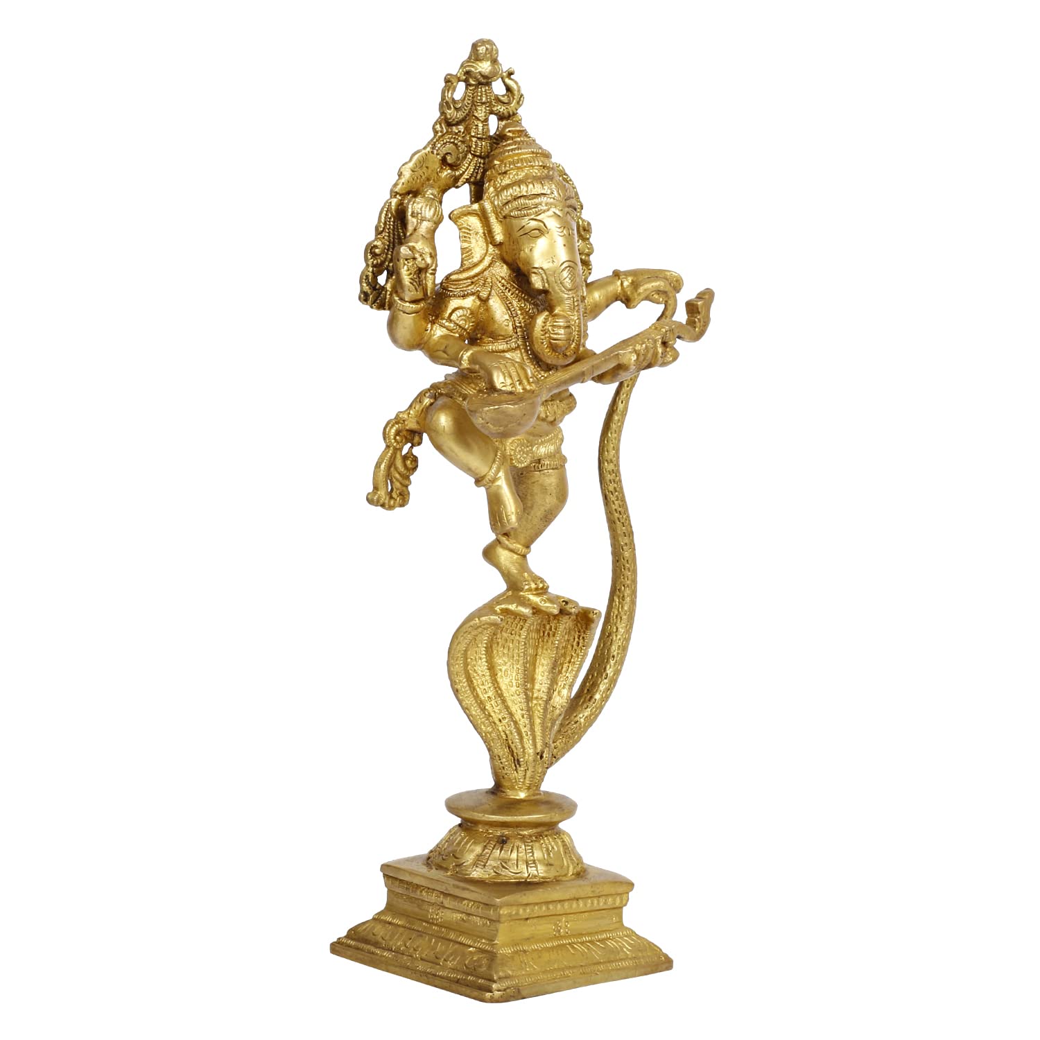 Svarup Brass Dancing Ganesha on a Snake Head with Playing Veena, Lord Dancing Ganesh on Snake, Ganpati, Temple Puja Home Decor Gift 10.5 Inch.