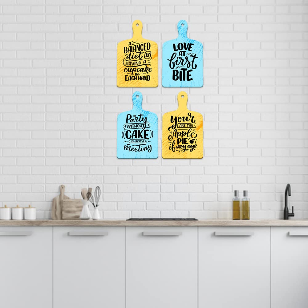 Artvibes Love At First Bite Printed Wooden Wall Hanging for Kitchen | Cafe | Restaurant | Dining Room | Quotes Decor Item | Wall Poster | Food Quotes Decoration | Gift Items(WH_5608N), Set of 4