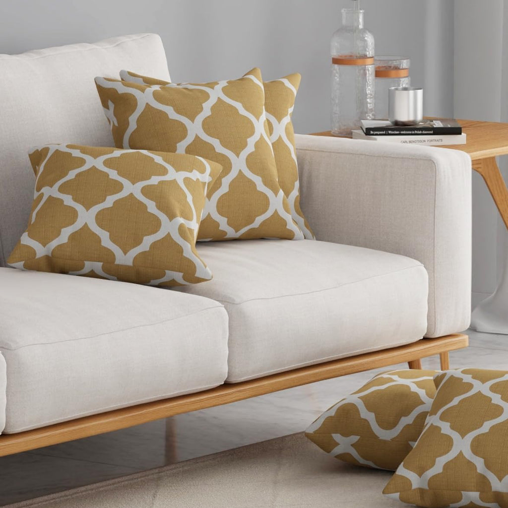 HUESLAND Premium Cotton Cushion Cover 16 inch x 16 inch | Decorative Square Throw Pillow Covers Set for Sofa, Living Room & Bedroom | Set of 5 | Quatrefoil Light Brown