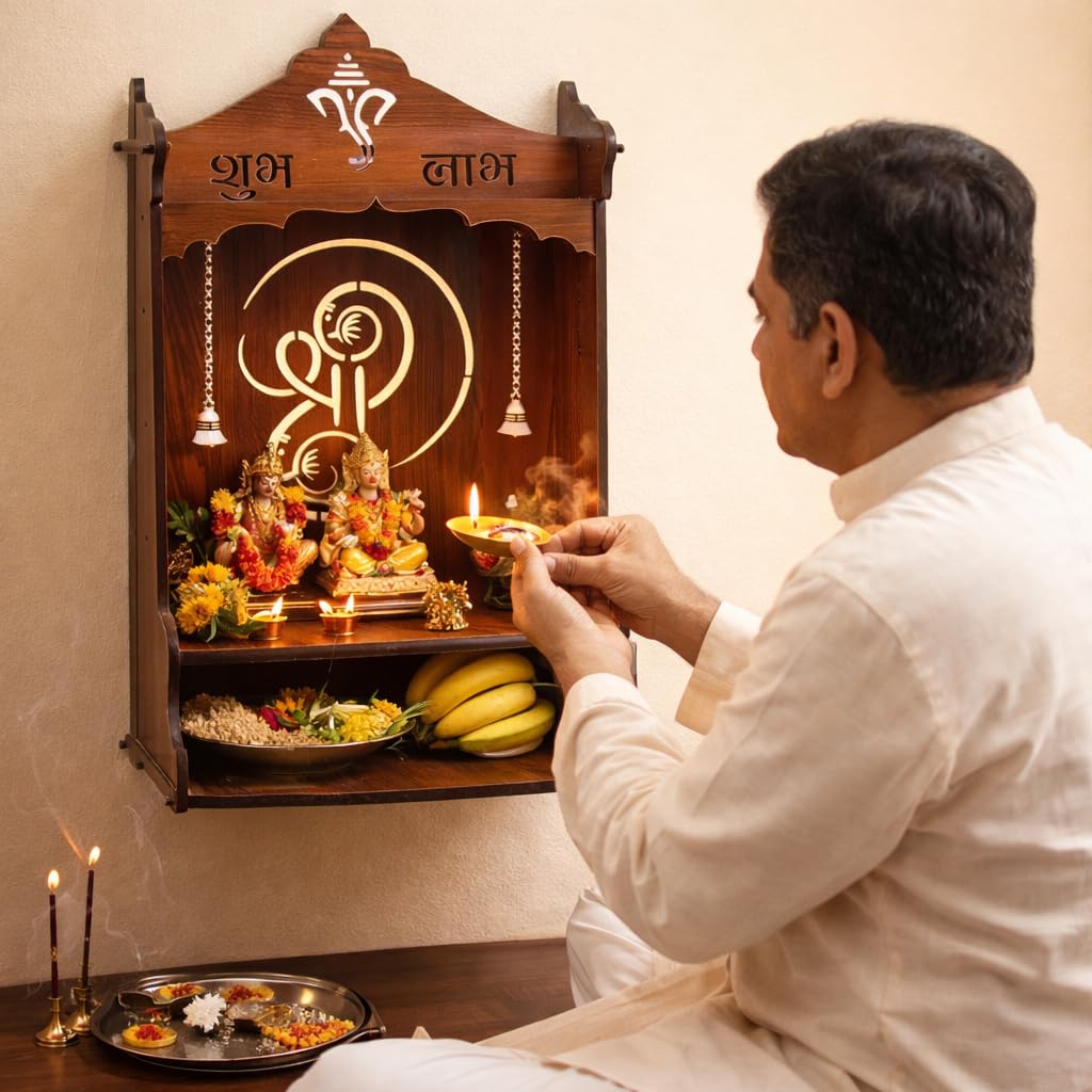 Wooden Home & Office Temple, Brown, Shubh Labh Design, Wall Mounted Mandir with Bells, Home Pooja Decor