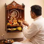 Wooden Home & Office Temple, Brown, Shubh Labh Design, Wall Mounted Mandir with Bells, Home Pooja Decor