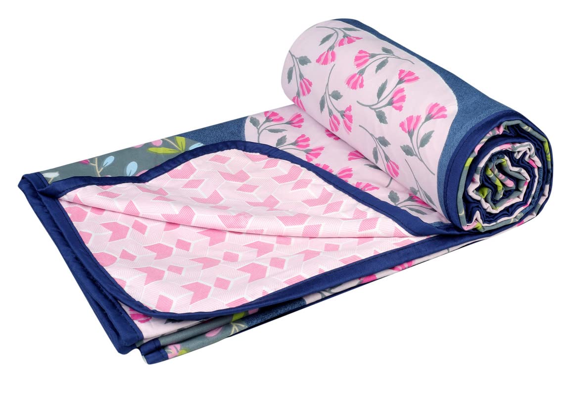 VAS COLLECTIONS 120 GSM Premium Cotton Printed Dohar/AC Blanket for Single Bed Size (60 x 86 inches) |Ultrasoft & Lightweight |Single - 152x220 cms-Pink & Blue Kafalo