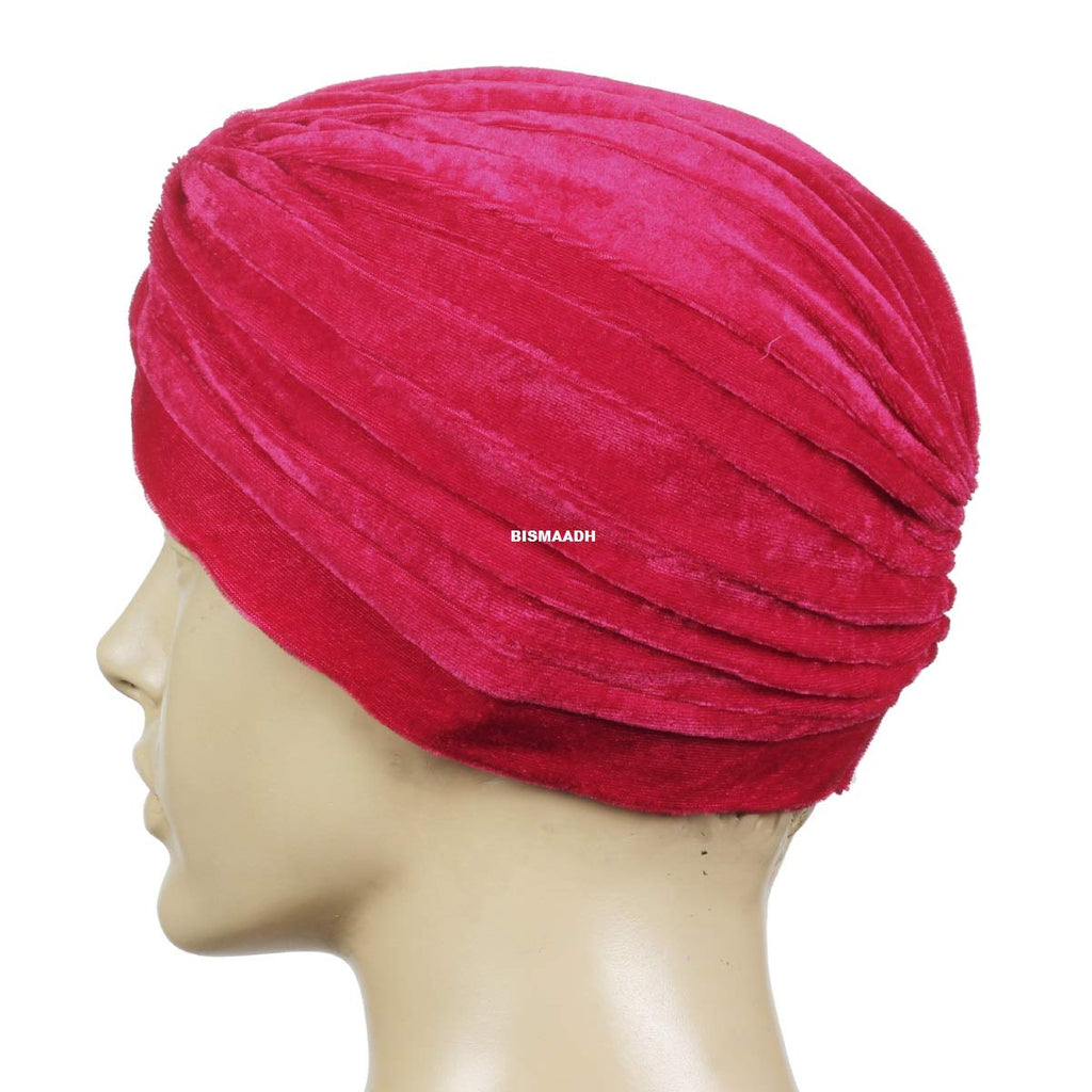 BISMAADH Velvet Soft Pleated Pre Tied Knot Readymade Turban/Pagri Head Wraps Cap for Men & Women, Red, Free Size