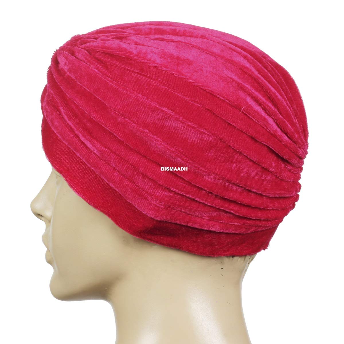 BISMAADH Velvet Soft Pleated Pre Tied Knot Readymade Turban/Pagri Head Wraps Cap for Men & Women, Red, Free Size