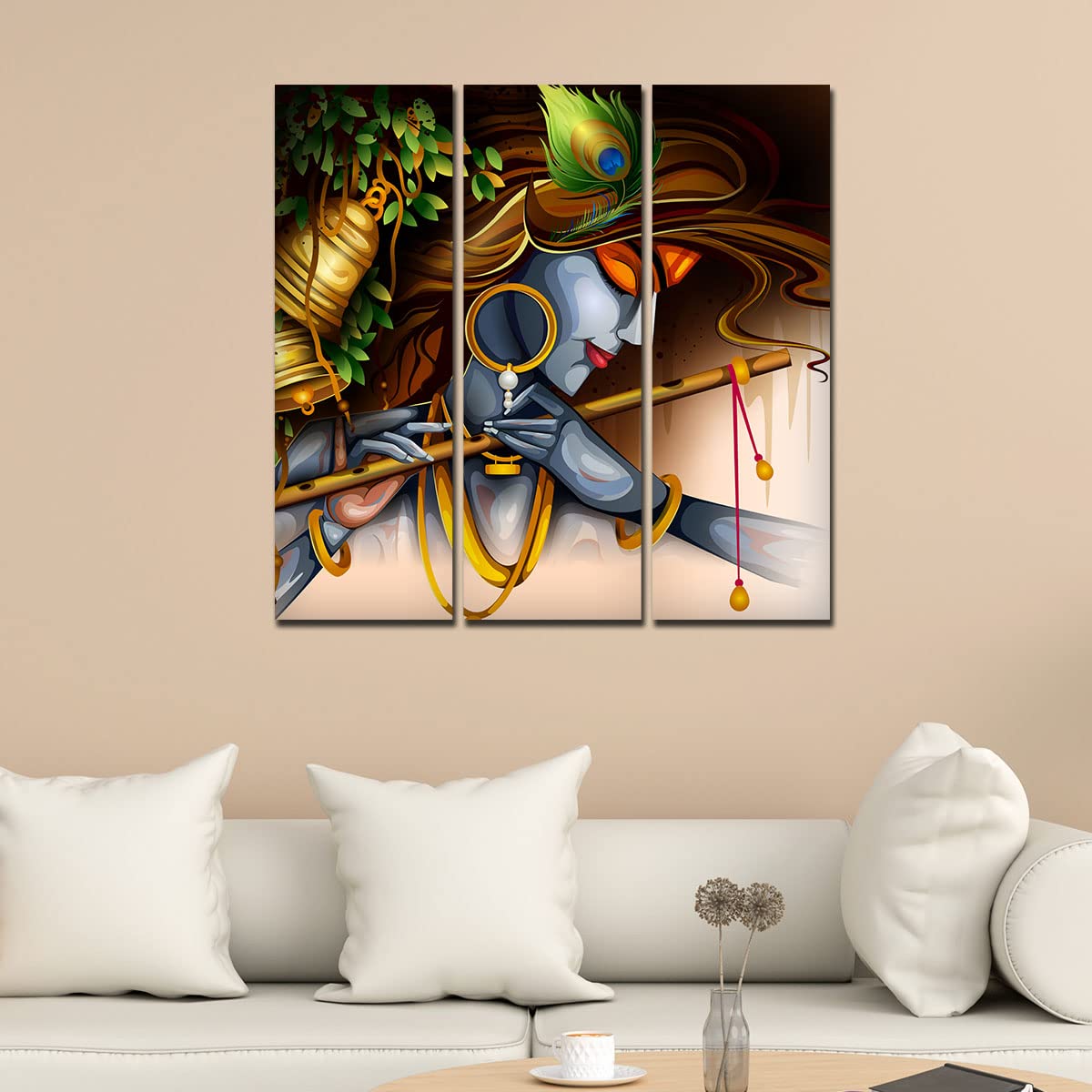 VIBECRAFTS 3 Pieces Krishna Playing Flute Canvas Wall Painting Fitted With Wooden Frame For Home | Office | Living Room | Gifts (PTVC3Pcs1_9538)
