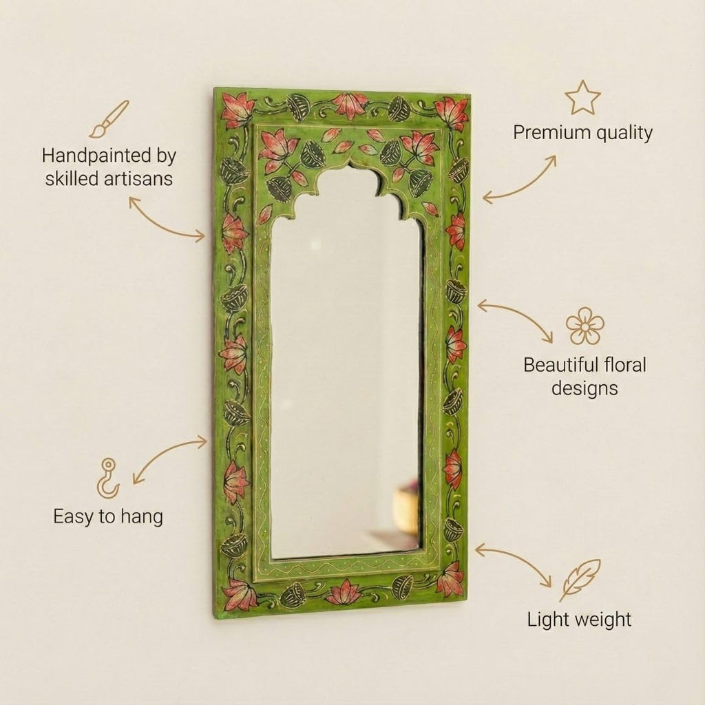 ATRANGI STUDIO Tropical Green Handpainted Wooden Mirror | Handcrafted Arch Design with Floral Motifs | Rajasthani Traditional Jharokha Style Mirror | Framed Wall Hanging for Home, Bedroom |18x9.5 Inch