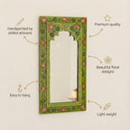 ATRANGI STUDIO Tropical Green Handpainted Wooden Mirror | Handcrafted Arch Design with Floral Motifs | Rajasthani Traditional Jharokha Style Mirror | Framed Wall Hanging for Home, Bedroom |18x9.5 Inch