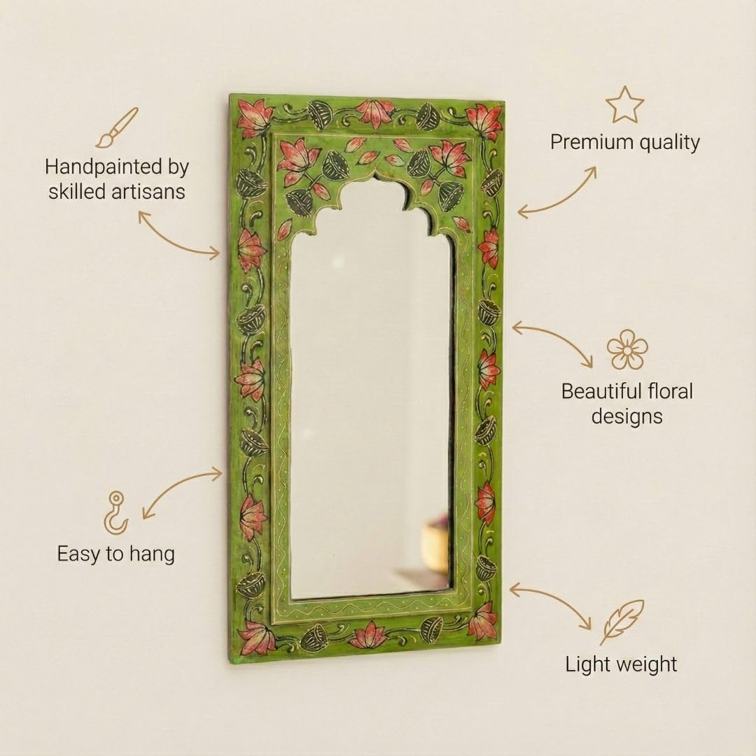 ATRANGI STUDIO Tropical Green Handpainted Wooden Mirror | Handcrafted Arch Design with Floral Motifs | Rajasthani Traditional Jharokha Style Mirror | Framed Wall Hanging for Home, Bedroom |18x9.5 Inch