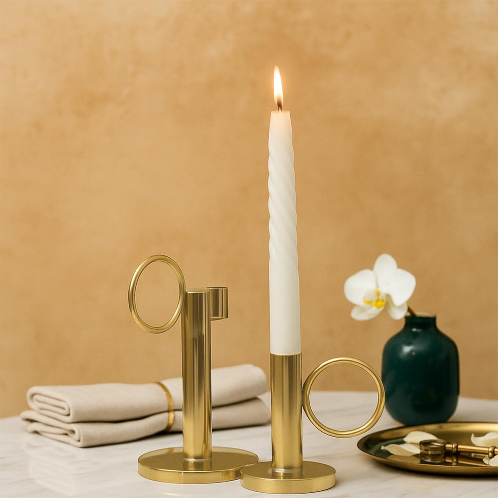 Nostrae by Ekhasa Metal Candle Holder Stand (Set of 2) | Golden Metal Candle Stand for Home & Dining Table Decoration | Aesthetic Candle Holder for Living Room, Festivals & Gifting (Without Candle)