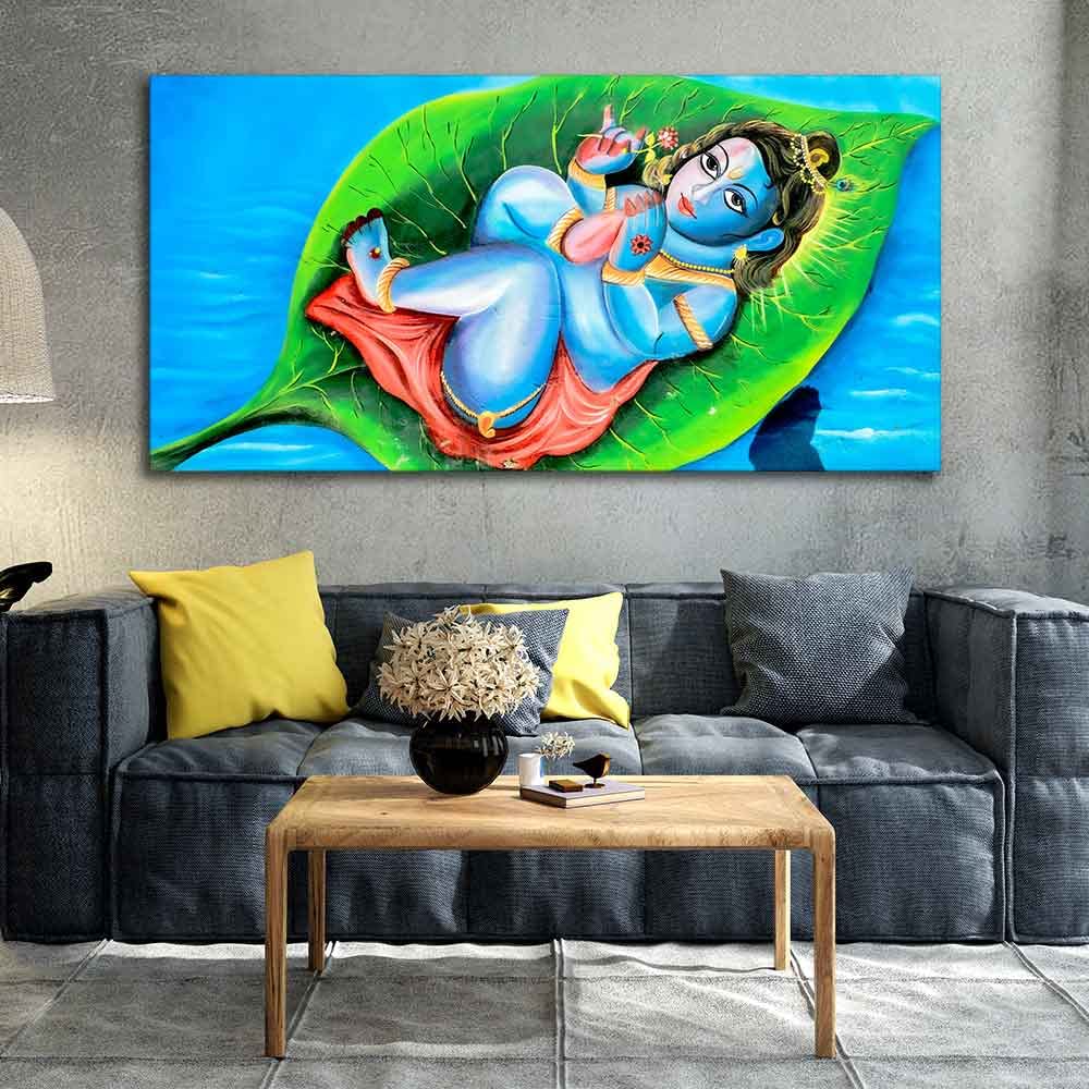 VIBECRAFTS Canvas Paintings for Living Room Drawing Room Little Krishna Canvas Wall Painting Fitted With Wooden Frame For Home | Office | Living Room | Gifts (PTVCH_2526)