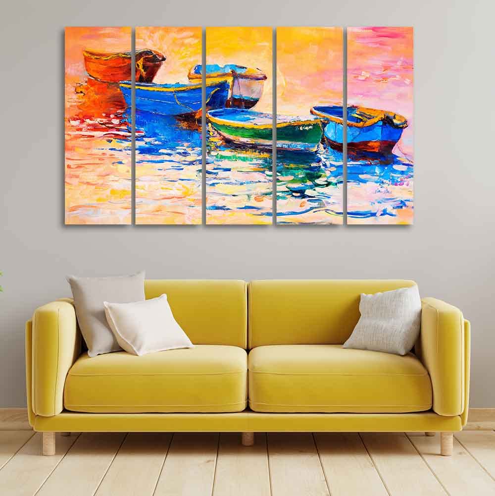 VIBECRAFTS Boats And Sunset 5 Pieces Canvas Wall Painting For Home | Office | Living Room | Gift (PTVC5Pcs4_8519)