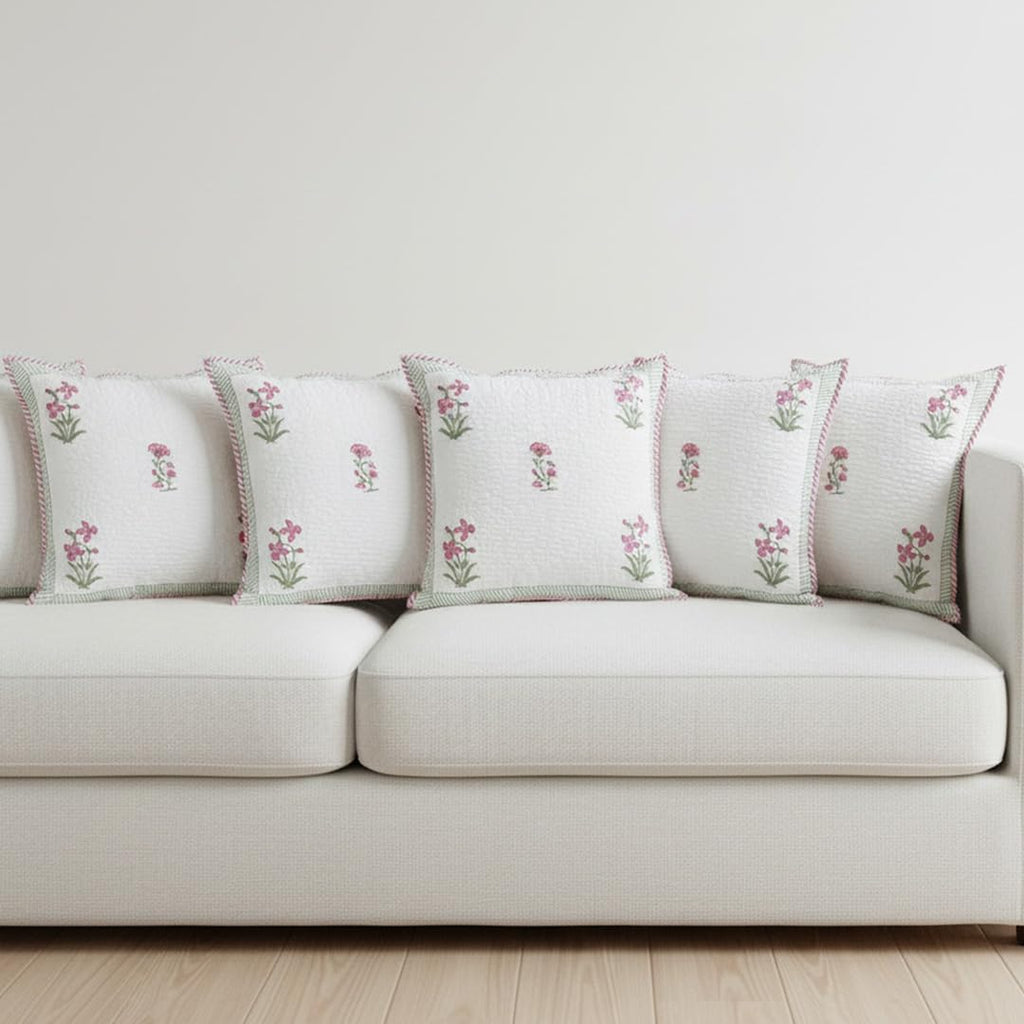 HOMEMONDE Quilted Cotton Cushion Covers – Pack of 5, 24x24 Inches, 300 TC Soft Throw Pillow Cases with Hand Block Print – Pink (60x60 cm)