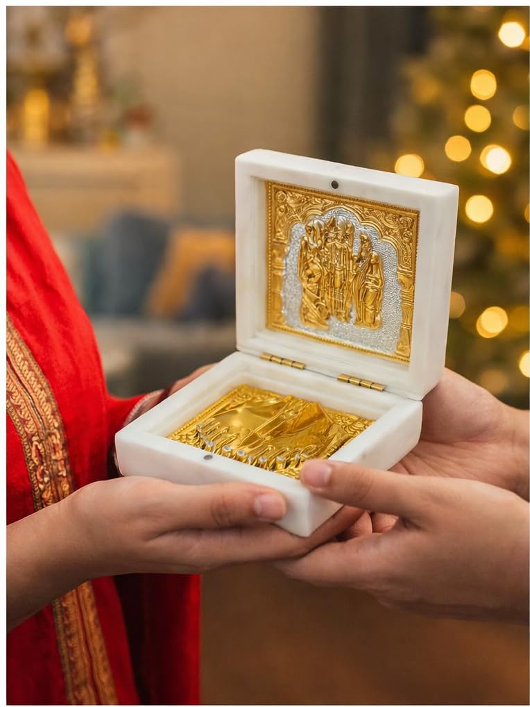 Ram Darbar Photo Frame,Pocket Temple with Charan Paduka, Gold Plated, Ram Parivar Photo Gift Box