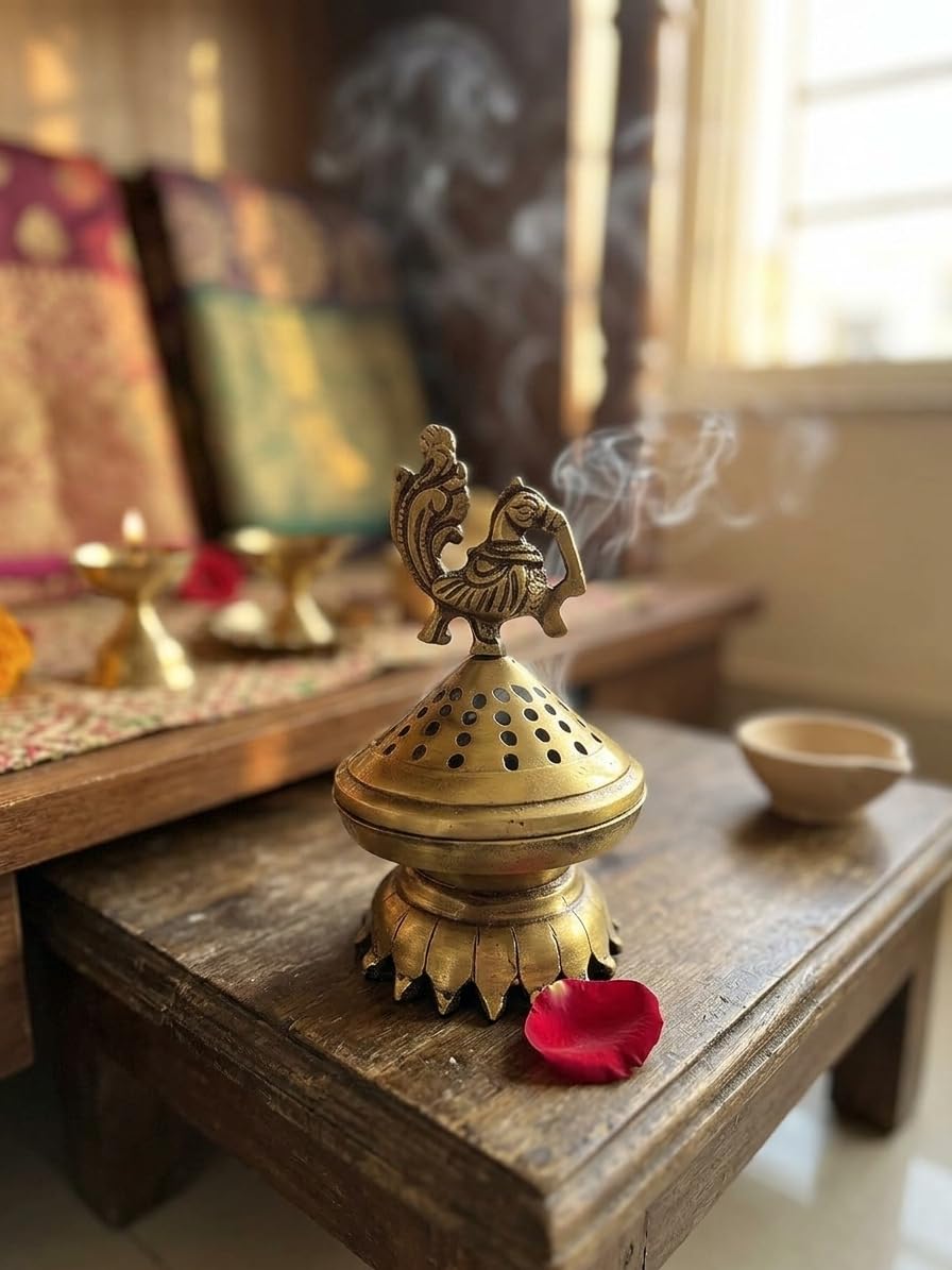 Kridaykraft Traditional Brass Dhoopdani for Pooja, Decorative Incense Burner with Peacock Design for Home Fragrance and Meditation