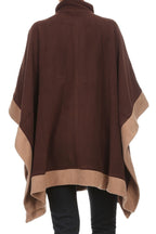 BSB LL Womens Poncho Outer Coat Fall Winter Soft Fleece Open Front Button, Brown / Camel Trim, Large to X-Large