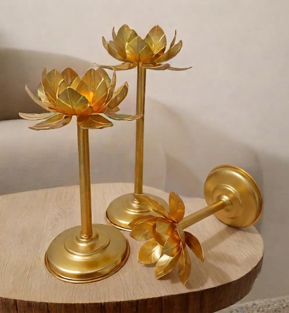 Easyera Lotus Golden Tealight Holder Stylishly Shaped Lotus Candle Stand Metal Beautiful Design Home Decoration Festival Occasions Size 12,10,8 Inch Set of 3 Not Include Glass(Adjustable)