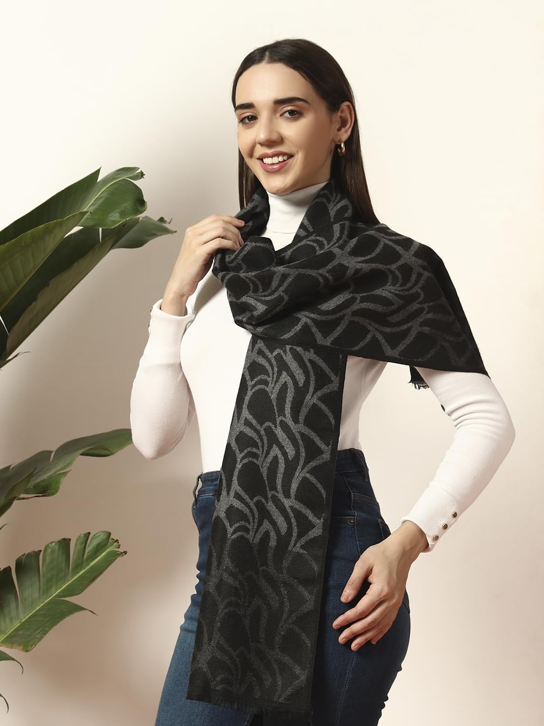Ravaiyaa - Attitude is everything Women Woolen Ikat Design Casual Warm Winter Wear Muffler Scarf Stole 72x14 Inch (Black Abstract)