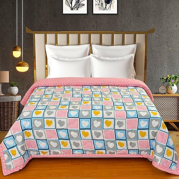 Namolyte Cotton Reversible Summer Blanket, AC Comforter with Classic Printed Design, Cooling Quilt Dohar for Single Double Bed, Ideal for Gifting (Heart, Single) Kafalo