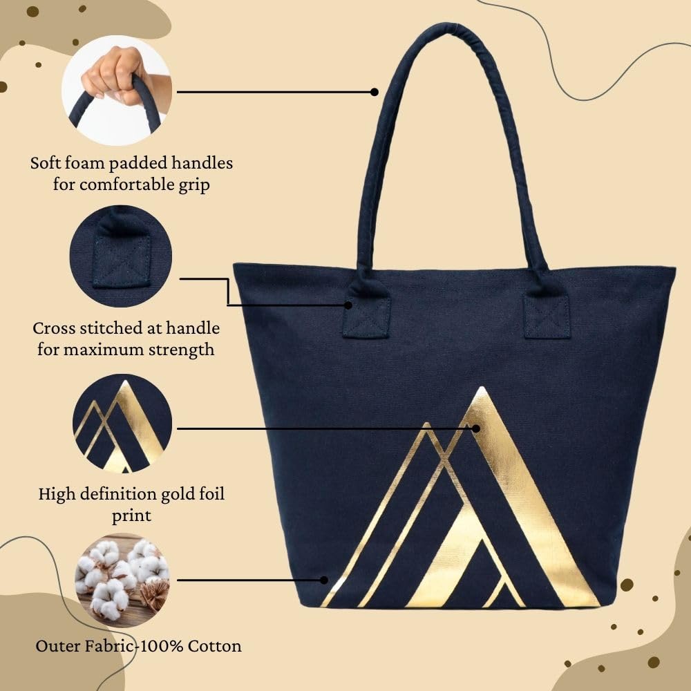 Earthsave Canvas Tote Bag For Women With Zip | Office & College Handbag | Printed Travel Bag, Blue
