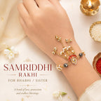 Shubhanjali Samriddhi Rakhi for Bhabhi and Sister | Handmade Designer Lumba Rakhi for Bhabhi | Raksha Bandhan Gift Set with Roli Chawal, Greeting Card & Potli