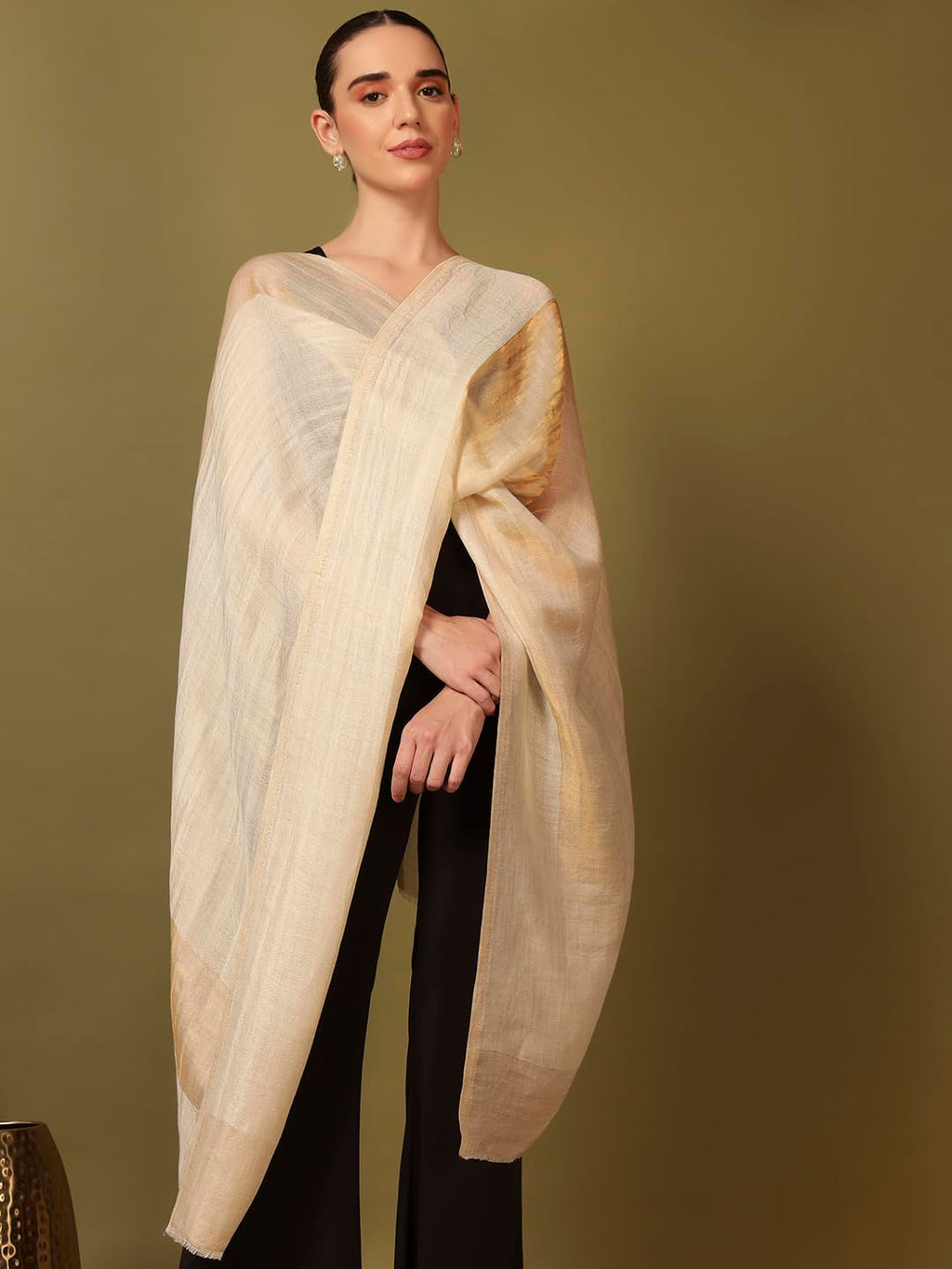 Pashmoda Women Midnight Bronze Reversible Zari Moonlight Fine Wool Stole (Size : 28x80in, 71X203cm) ZSST04