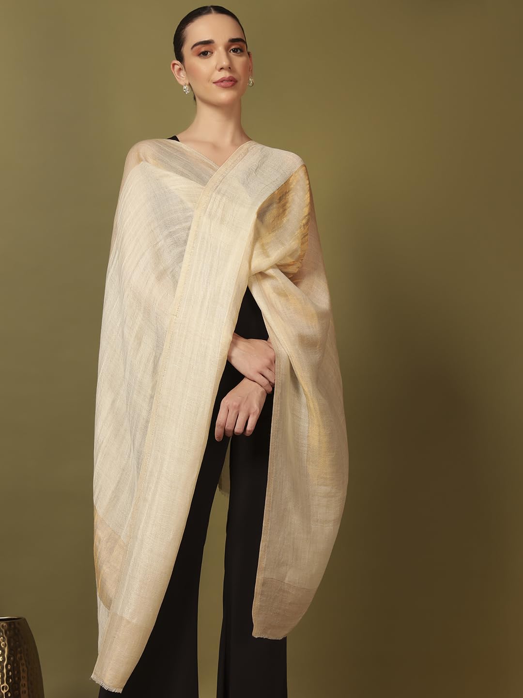 Pashmoda Women Midnight Bronze Reversible Zari Moonlight Fine Wool Stole (Size : 28x80in, 71X203cm) ZSST04