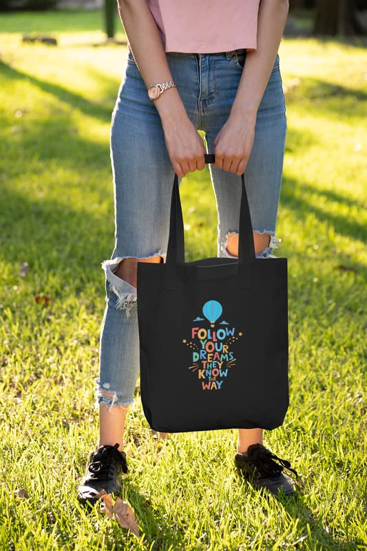 TheYaYaCafe Printed Canvas Cotton Black Tote Bag with Zipper for Womens, Tote Bag for College (Follow Your Dream)
