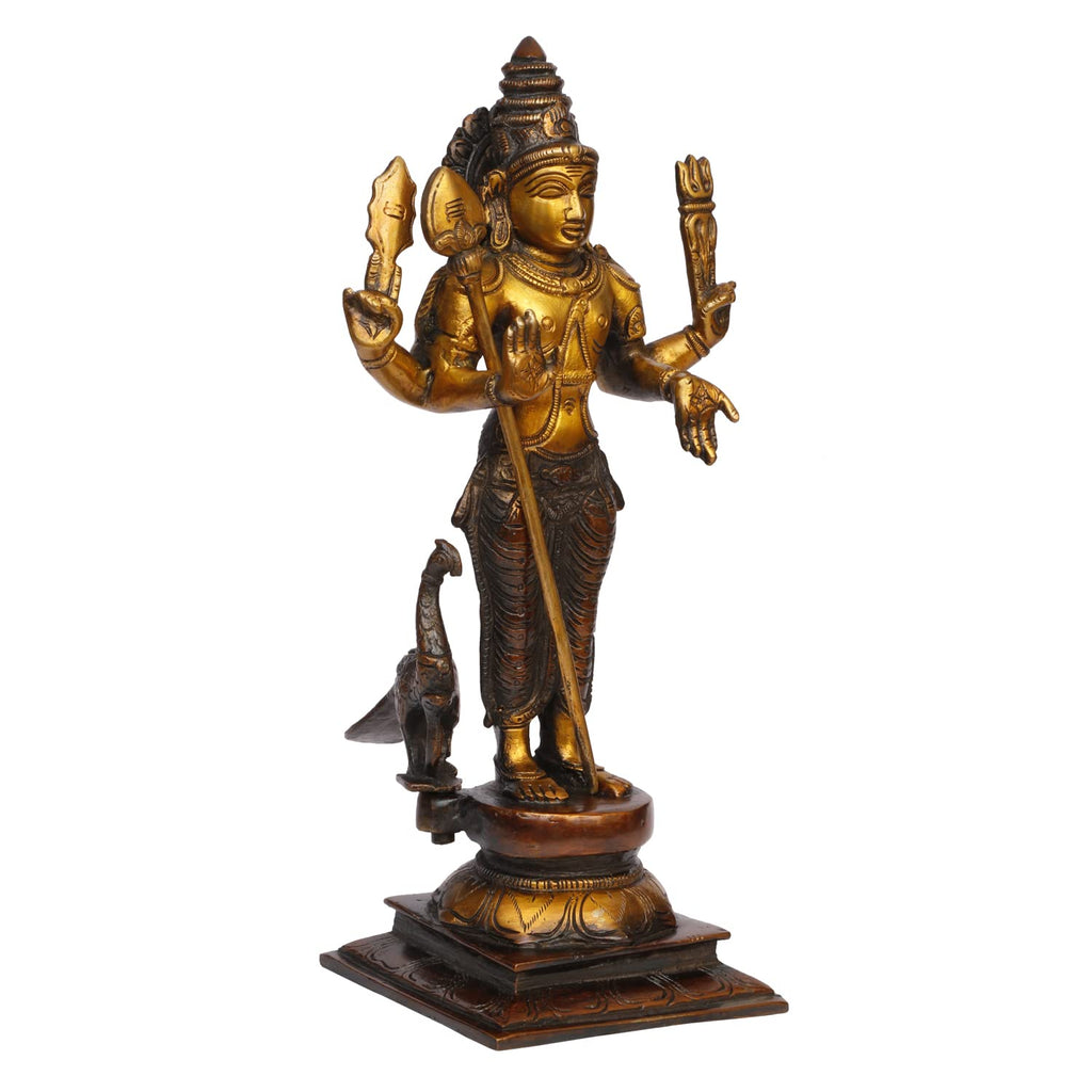 ARTVARKO Brass Lord Murugan Kartikeya Murugana Kumaraswamy Karthikeya Standing Idol Swaminatha Skanda Murti Brown & Gold 12 Inch
