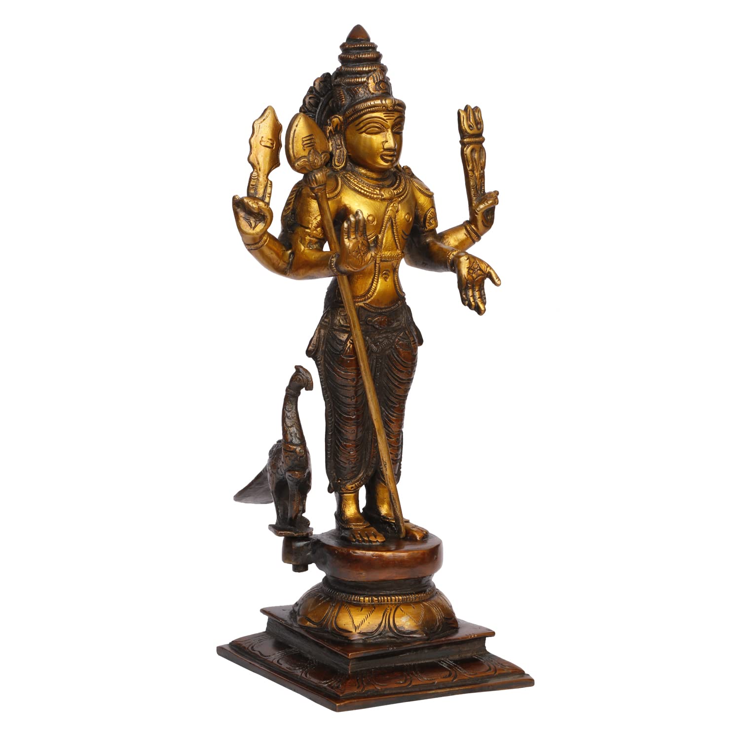 ARTVARKO Brass Lord Murugan Kartikeya Murugana Kumaraswamy Karthikeya Standing Idol Swaminatha Skanda Murti Brown & Gold 12 Inch