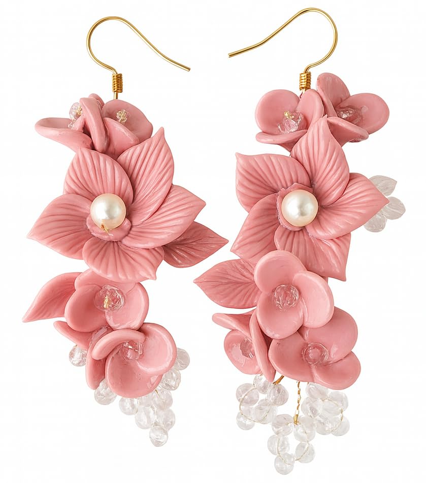 Handmade Pink Floral Clay Earrings for Women | Lightweight Polymer Clay Earrings with Pearls & Crystal Beads | Statement Dangle Earrings | Ethnic Wedding & Festive Jewelry Gift
