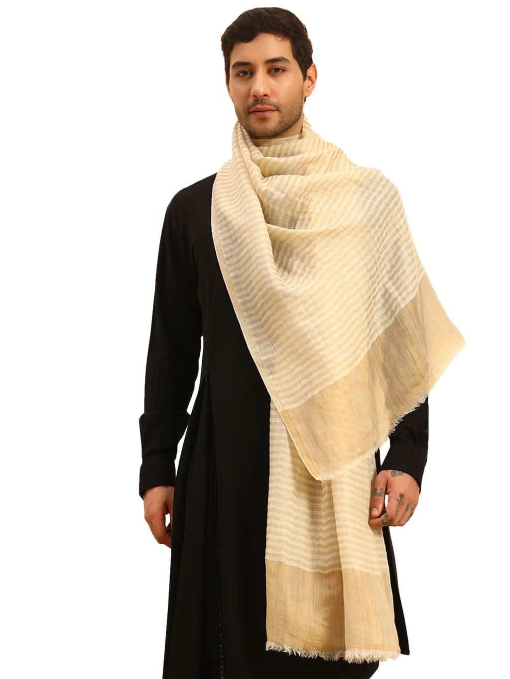 Pashmoda Men Golden Eclipse Reversible Zari Moonlight Fine Wool Stole (Size-28x80in, 71x203cm) MZSST03