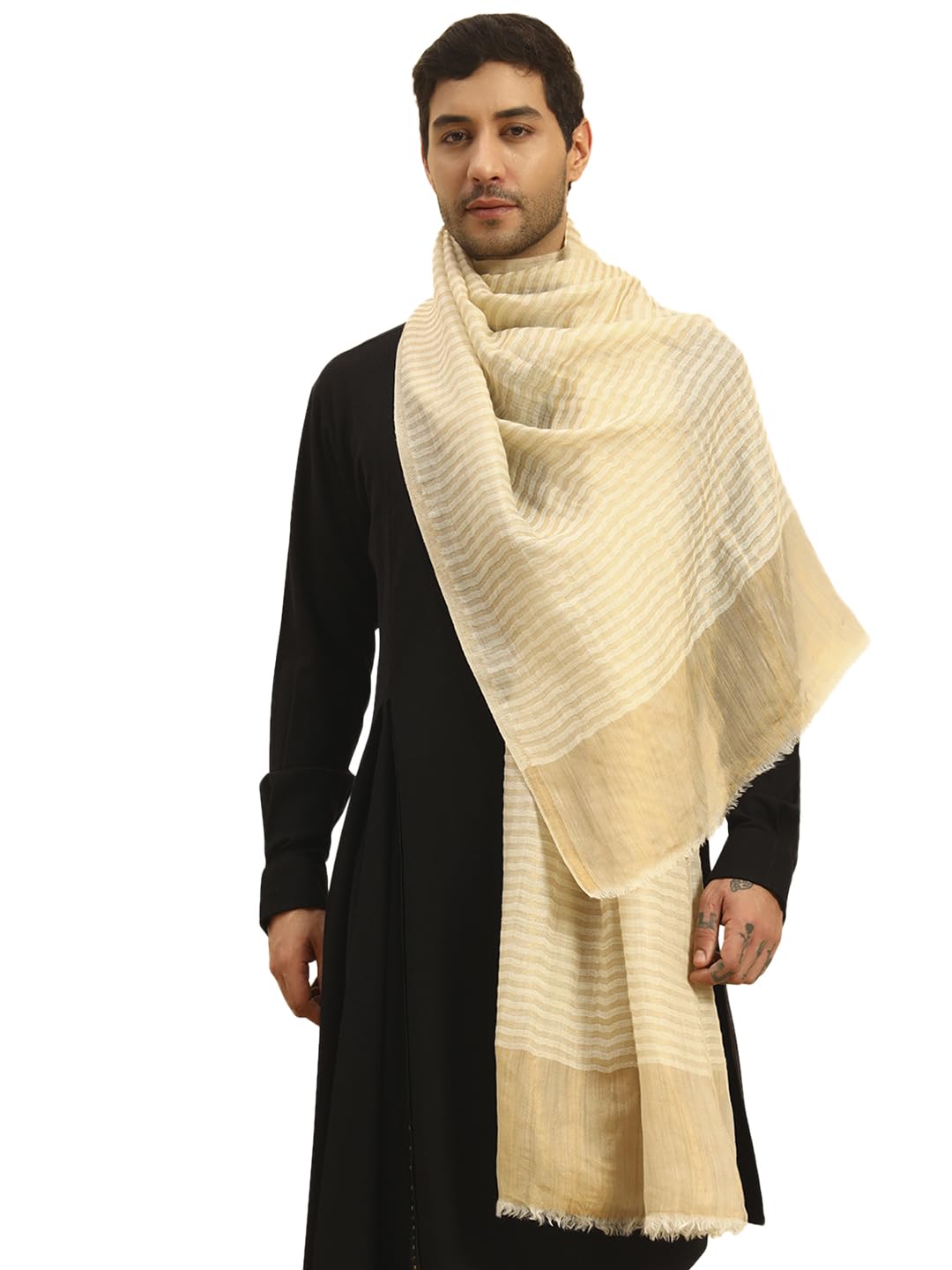 Pashmoda Men Golden Eclipse Reversible Zari Moonlight Fine Wool Stole (Size-28x80in, 71x203cm) MZSST03