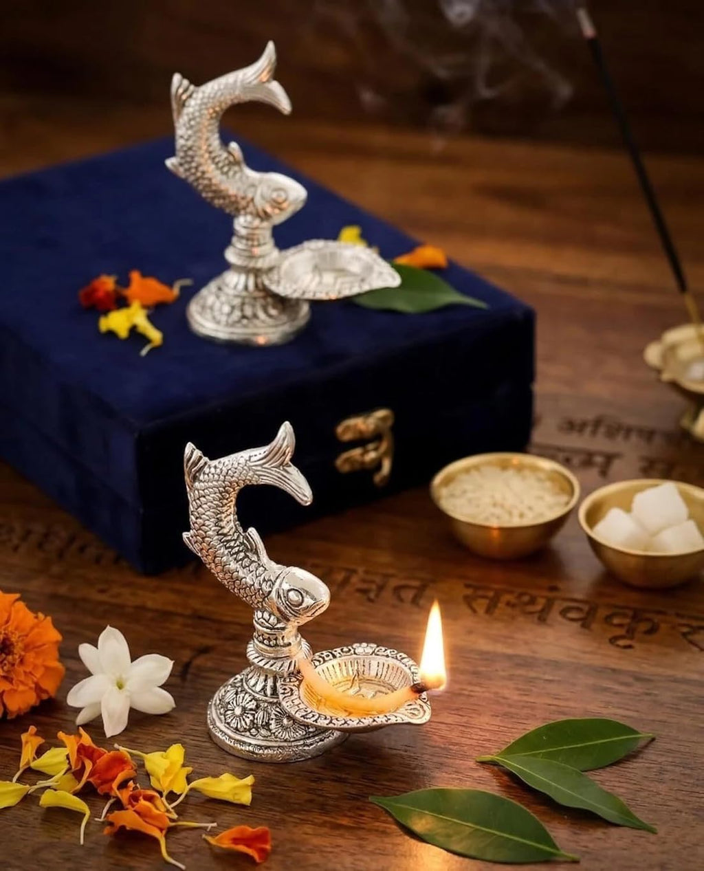 Fish Shape Diya Set, Silver, Metal, 12 cm Height, Traditional Oil Lamp for Puja and Home Decor, Set of 2