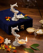 Fish Shape Diya Set, Silver, Metal, 12 cm Height, Traditional Oil Lamp for Puja and Home Decor, Set of 2