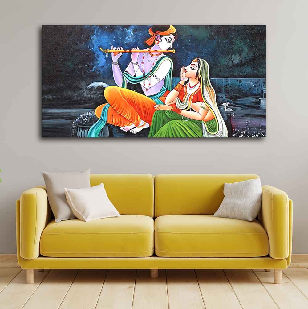VIBECRAFTS Canvas Paintings for Living Room Drawing Beautiful Radha Krishna in Dark Forest Big Wall Painting Art Fitted with Wooden Frame Home | Office | Gift (PTVCH_2251)