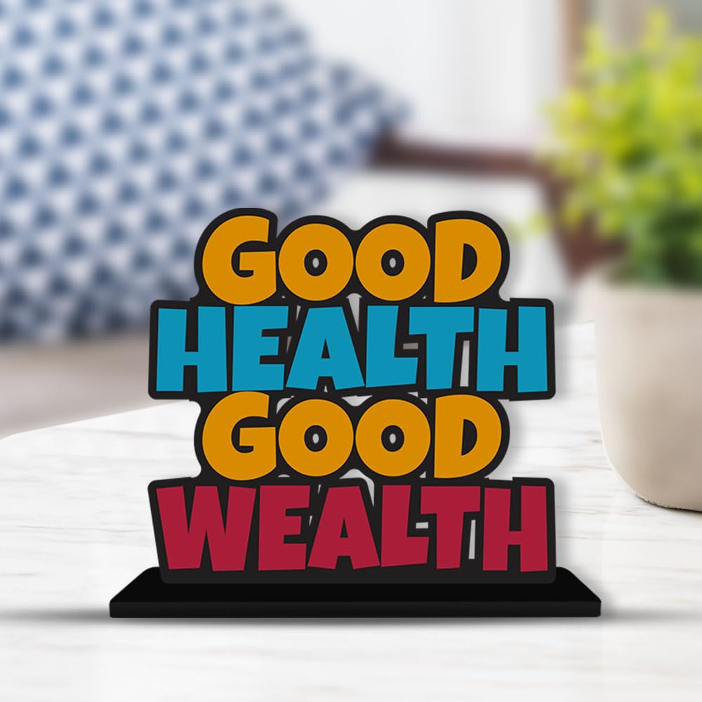 Artvibes Wooden Idols and Figurine Good Health Good Wealth Quotes Table Decoration for Office Desk | Home Decor Item | Living Room | Modern Art Wood Showpiece Gift Item (SP_1139N)