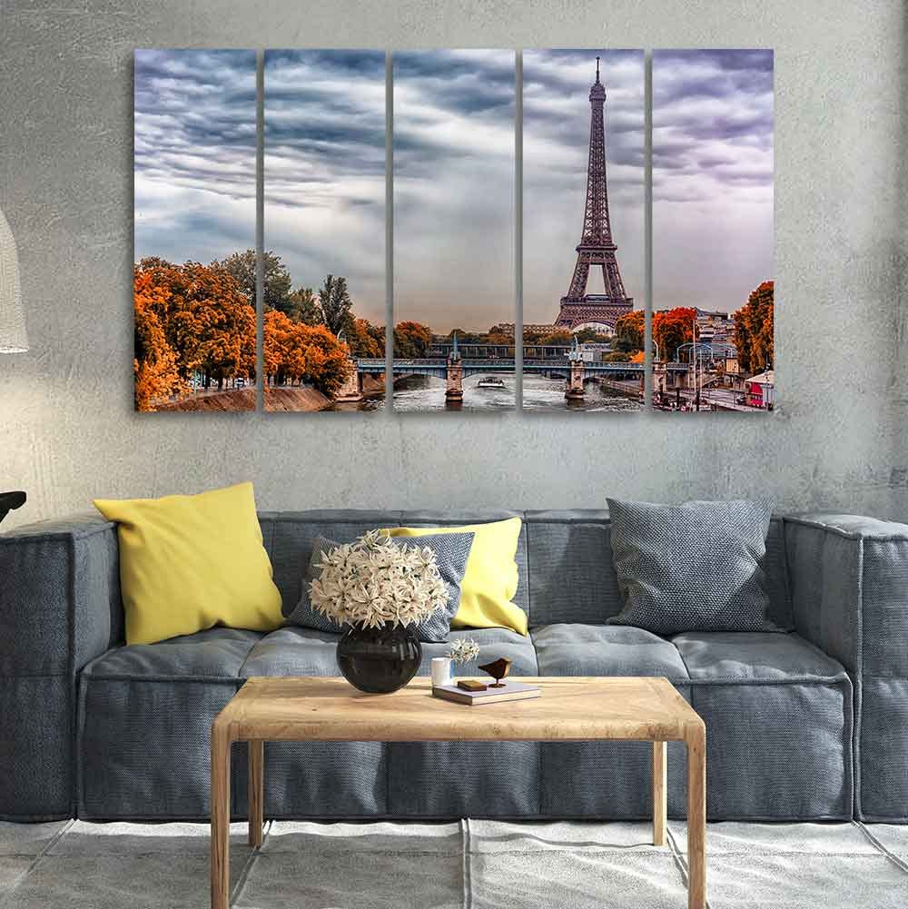 VIBECRAFTS Eiffel Tower and Seine River Bedroom Wall Painting of Five Pieces For Home|Office|Living Room|Gift (PTVC5Pcs4_8657)