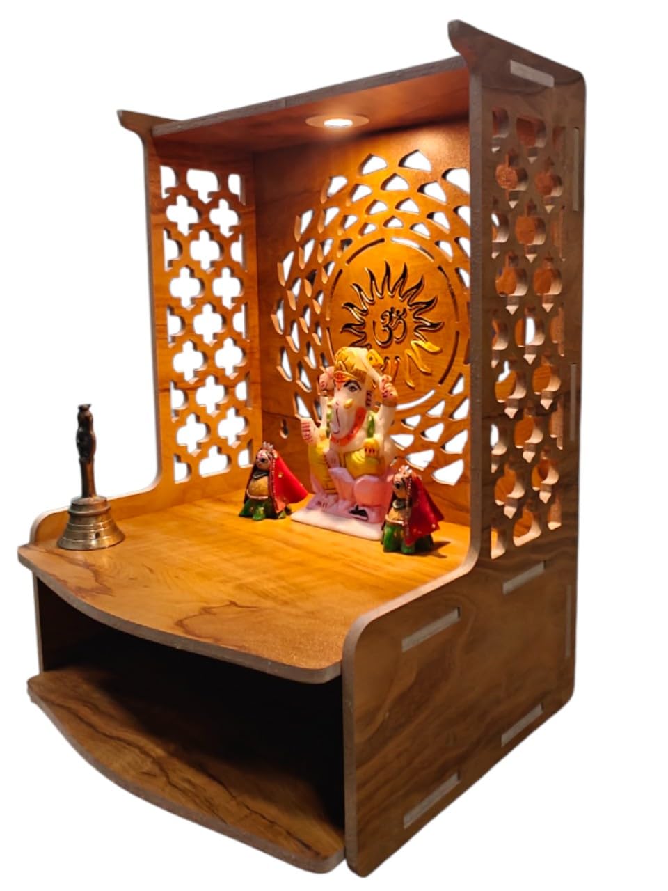 PIXELCRAFTS Wooden Temple Puja Mandir Art and Crafts Temple for Home, Shop, Office with LED SPOT Light (Size – H 15.5X L 11.5 x W 11 inch) (COACHWOODSURYA)