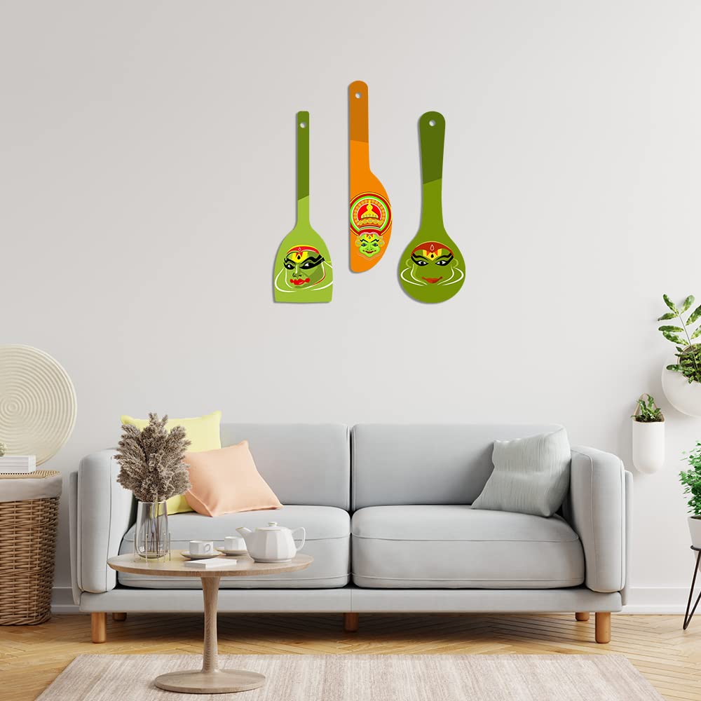 Artvibes Traditional Indian Kathakali Faces Wooden Wall Hanger for Home Decor | Wall Sculpture | Signs & Plaques | Handcrafted Art | Wall Illustrations | Art For Wall | Gift Items (WH_5014N), Set of 3