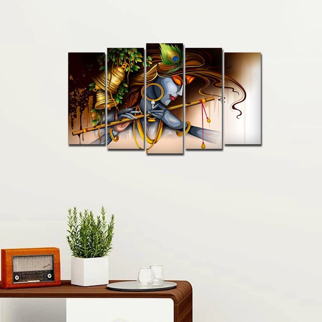 VIBECRAFTS A Beautiful Krishna Playing Bansuri 5 Pieces Canvas Wall Painting For Home|Office|Living Room|Gift (PTVC5Pcs2_6505)