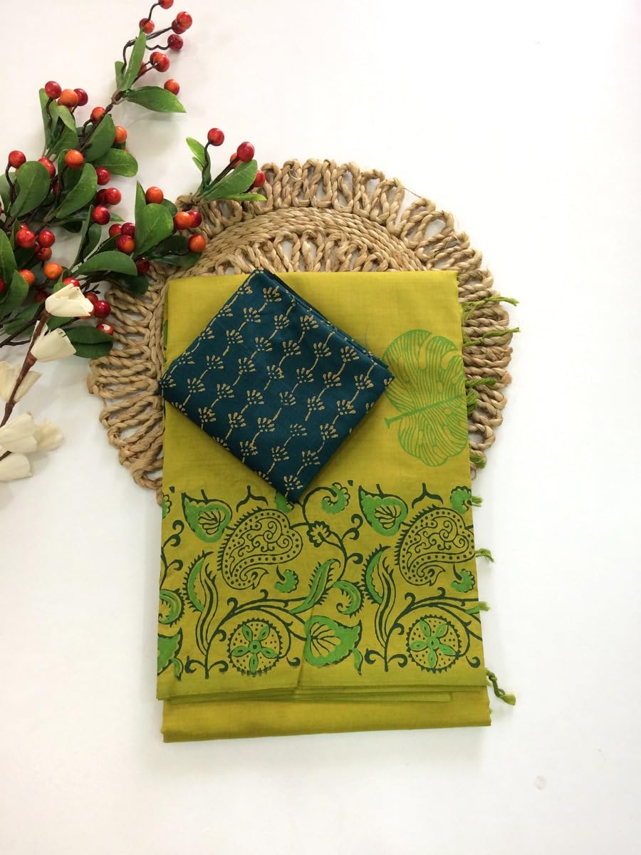 Women’s Pure South Cottonmix Sarees with Extra Kalamkari Blouse | Printed Cotton Sarees | Professional Office College Wear (Light Green Leaf)
