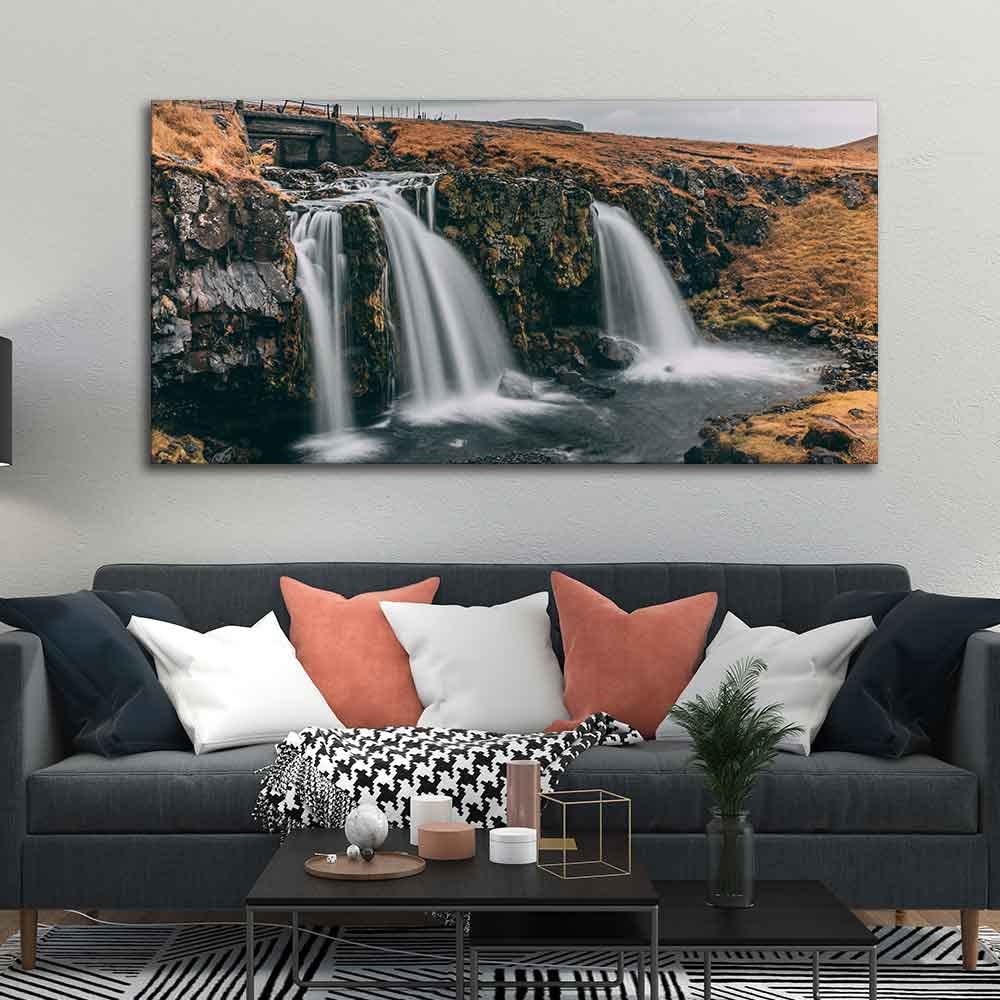 VIBECRAFTS Canvas Paintings for Living Room Drawing Room Panoramic Canvas Wall Painting of Amazing Waterfall in Iceland for Home|Office|Gift(PTVCH_2364NV)