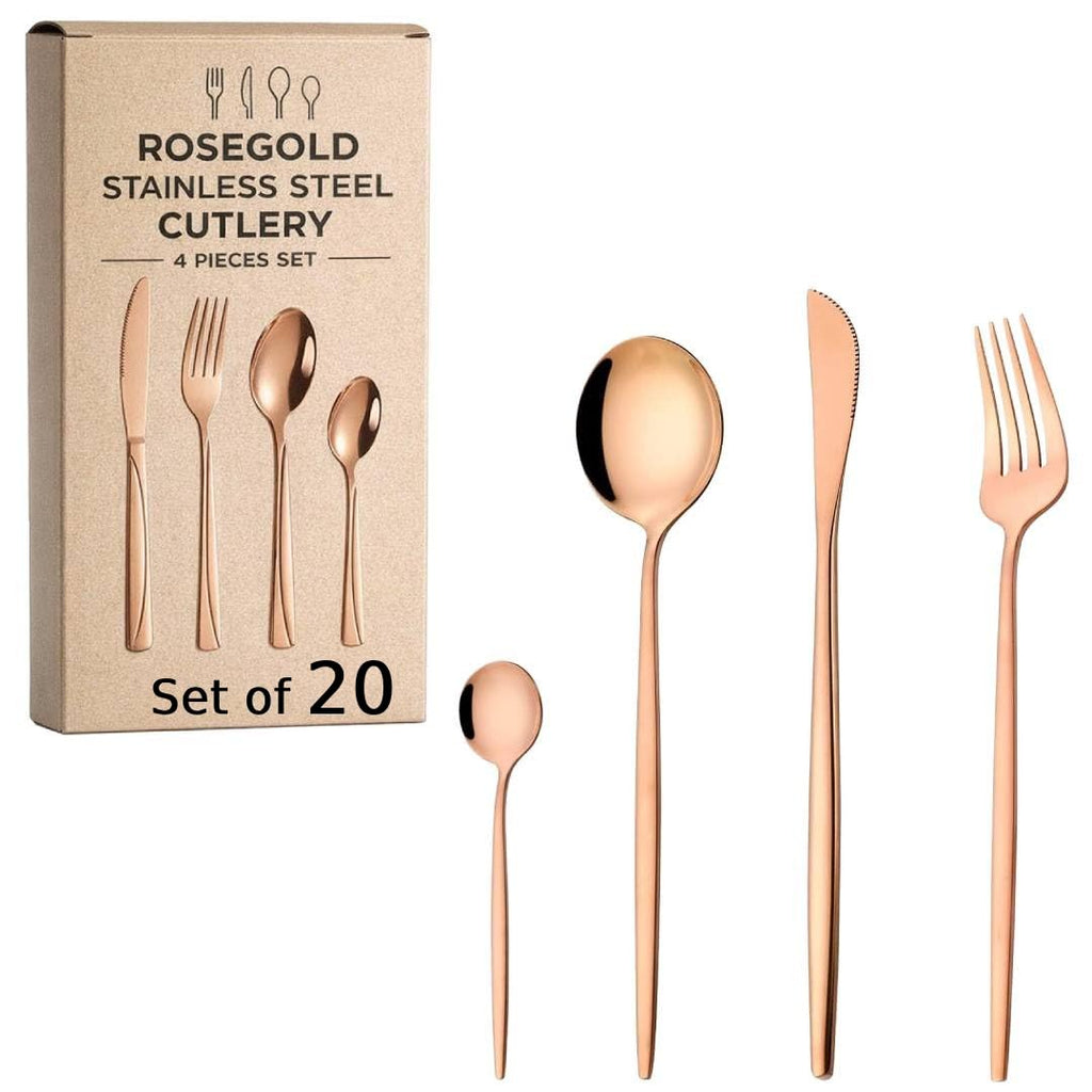 ANH MART Mirror Finish Rose Gold Plated Stainless Steel Flatware Set Copper Silverware Set Spoon Color Cutlery Set [Dinner Fork-Tea Spoon-Salad Spoon-Knife] Set of (Rose Gold 20)