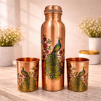 JAIPUR ACE Pure Copper Water Bottle with Glass Set Peacock Design | 100% Copper Drinking Bottle Set I Ayurvedic Health Benefits Leak Proof Premium Designer Bottle Set for Home Office (Royal Peacock)